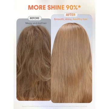 SHEGLAM Hot Streak Thermal Defense Glow Oil Elixir in a 50ML amber glass bottle with gold-toned pump. Packaging features bold claims like 'MORE SHINE 90%*' and visual contrast of 'BEFORE/AFTER' hair (dull vs. smooth/shiny). The minimalist design highlights its heat-protectant and shine-enhancing benefits for all hair types