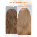 SHEGLAM Hot Streak Thermal Defense Glow Oil Elixir (50ml) shown with visual comparison of hair transformation. Left side labeled 'BEFORE' shows dry, dull hair; right side labeled 'AFTER' demonstrates smooth, shiny results. Packaging highlights 'MORE SHINE 90%' claim and heat protection benefits in a sleek amber bottle with gold pump dispenser