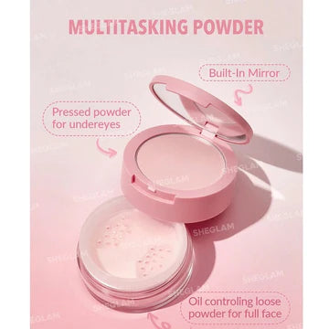 A close-up of the Sheglam Insta-Ready Face & Under Eye Setting Powder Duo palette, highlighting the available shades. The palette includes: Bubblegum (a light pink shade for brightening), Translucent (for all skintones), Bisque (for light to medium tones), Natural Linen (for medium tones), Toasted Almond (for medium to tan tones), Smooth Sand (for tan tones), and Cocoa Loco (for deep tones).