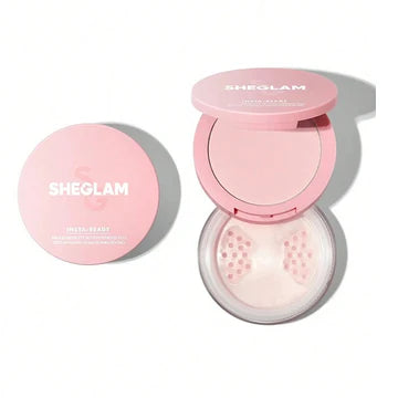 A close-up of the Sheglam Insta-Ready Face & Under Eye Setting Powder Duo palette, highlighting the available shades. The palette includes: Bubblegum (a light pink shade for brightening), Translucent (for all skintones), Bisque (for light to medium tones), Natural Linen (for medium tones), Toasted Almond (for medium to tan tones), Smooth Sand (for tan tones), and Cocoa Loco (for deep tones).