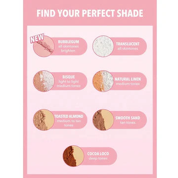  A close-up of the Sheglam Insta-Ready Face & Under Eye Setting Powder Duo palette, highlighting the available shades. The palette includes: Bubblegum (a light pink shade for brightening), Translucent (for all skintones), Bisque (for light to medium tones), Natural Linen (for medium tones), Toasted Almond (for medium to tan tones), Smooth Sand (for tan tones), and Cocoa Loco (for deep tones).