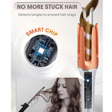 SHEGLAM It-Curl One-Touch Instant Curler with anti-tangle technology, featuring text that highlights its ability to detect and prevent hair snags during use for a smooth, damage-free curling experience