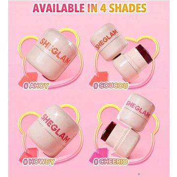 SHEGLAM Jelly-Licious Hydrating Lip & Blush Tint packaging in Coucou shade, featuring a translucent jelly-like tube with a sleek silver cap. The minimalist design showcases the product's bouncy texture through clear packaging, with bold typography highlighting 'Jelly-Licious' and the shade name