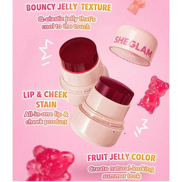SHEGLAM Jelly-Licious Hydrating Lip & Blush Tint in Coucou shade demonstrating its bouncy jelly texture with fruity color payoff for lips and cheeks