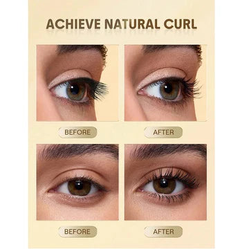 Sheglam Eyelash Curler. On the left, a hand holds the silver and cream-colored eyelash curler. On the right, two "Before and After" close-ups of eyes show eyelashes being curled. Below these, there's text stating "GENTLE CURVES" and "PERFECT FIT," with an inset image of the curler showing its curve. At the bottom, "Pure Ingredients" and "Cruelty-Free" are highlighted. A large "SHEGLAM S" logo is in the top right corner