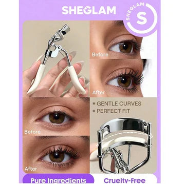 Sheglam Eyelash Curler. On the left, a hand holds the silver and cream-colored eyelash curler. On the right, two "Before and After" close-ups of eyes show eyelashes being curled. Below these, there's text stating "GENTLE CURVES" and "PERFECT FIT," with an inset image of the curler showing its curve. At the bottom, "Pure Ingredients" and "Cruelty-Free" are highlighted. A large "SHEGLAM S" logo is in the top right corner