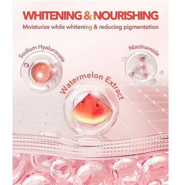 Close-up of SHEGLAM Melon Melt Niacinamide Serum Primer bottle with text highlighting its dual whitening and nourishing benefits, showing the 30ML transparent dropper bottle design with blue accents and product label visible