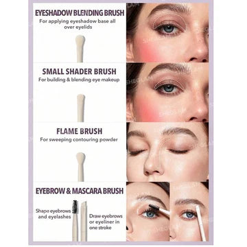 Product overview of SHEGLAM Pro Core 8-piece brush kit highlighting 'FACE&EYES' application, showing the complete set with ultra-soft synthetic bristles and beige handles arranged in a case