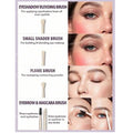 Detail shot of four SHEGLAM Pro Core eye brushes: eyeshadow blending brush for base application, small shader brush for precision work, flame brush for contouring, and eyebrow/mascara dual brush, demonstrating their specialized shapes
