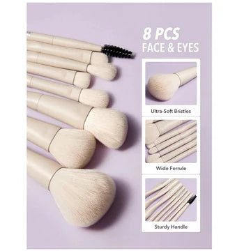 Product overview of SHEGLAM Pro Core 8-piece brush kit highlighting 'FACE&EYES' application, showing the complete set with ultra-soft synthetic bristles and beige handles arranged in a case