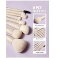 Product overview of SHEGLAM Pro Core 8-piece brush kit highlighting 'FACE&EYES' application, showing the complete set with ultra-soft synthetic bristles and beige handles arranged in a case