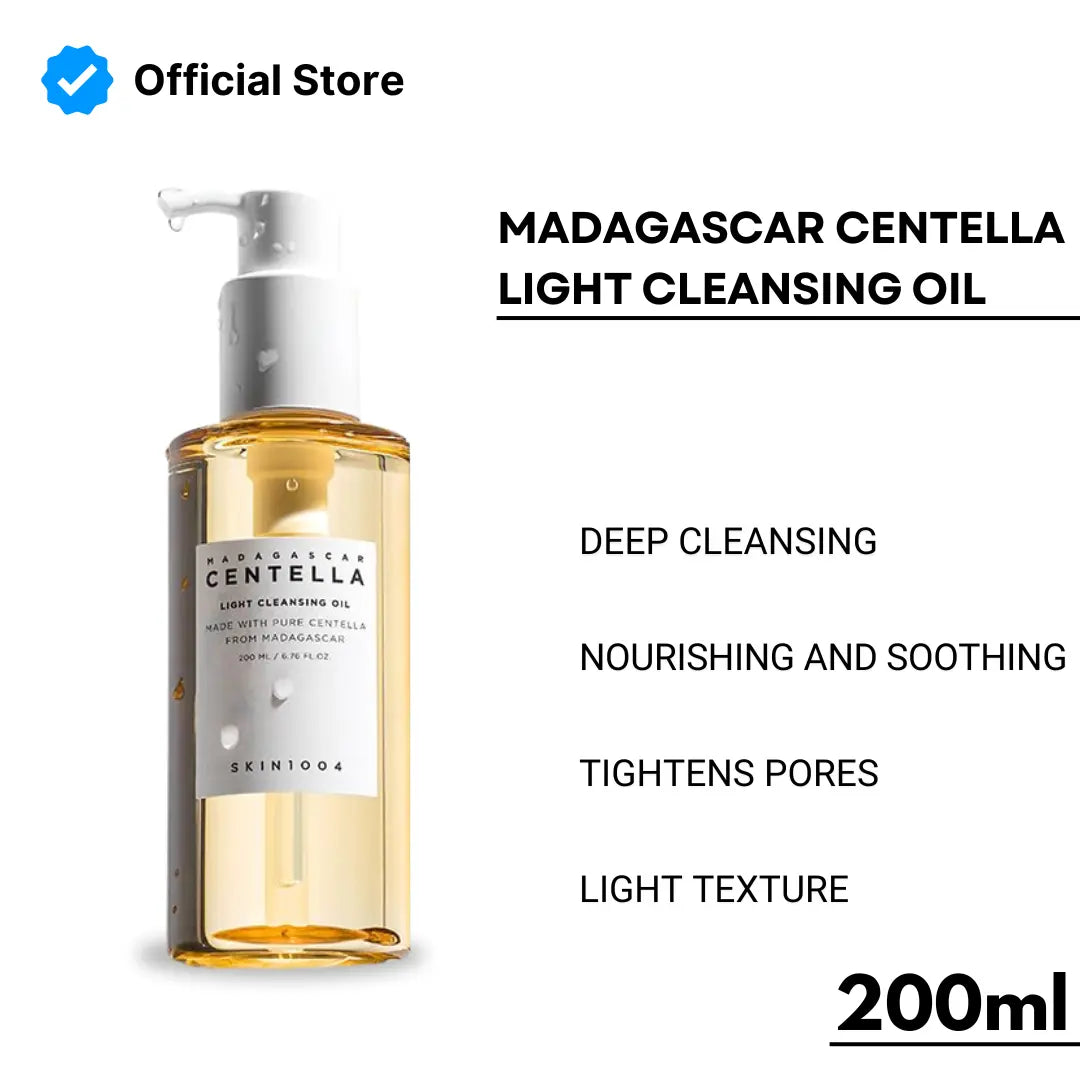 Bottle of Madagascar Centella light cleansing oil with product details on a white background