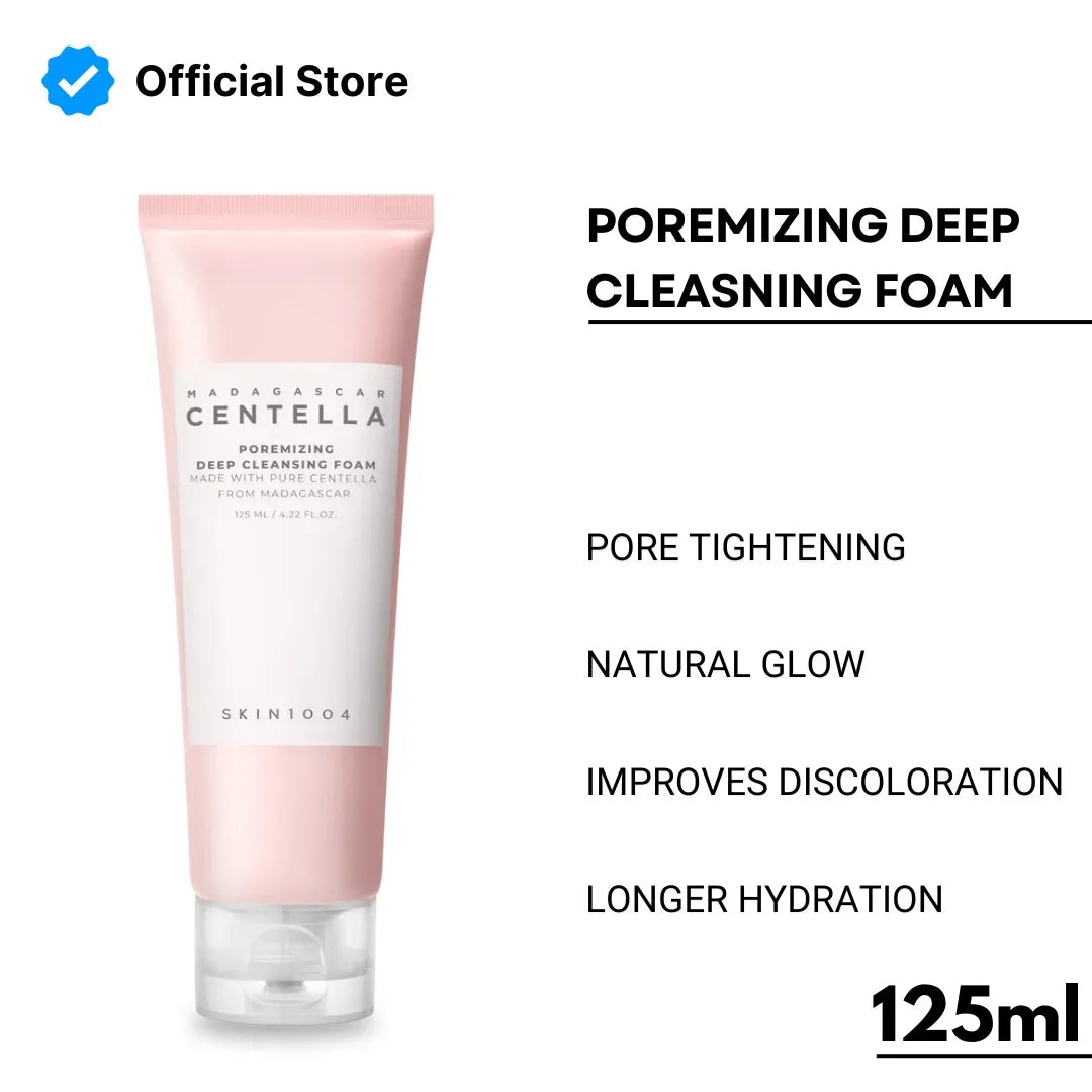 Pink tube of cleansing foam with text on a white background