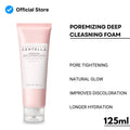 Pink tube of cleansing foam with text on a white background