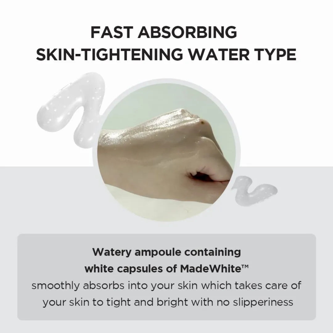 Advertisement for MadeWhite skin-tightening product with text and close-up of ampoule.