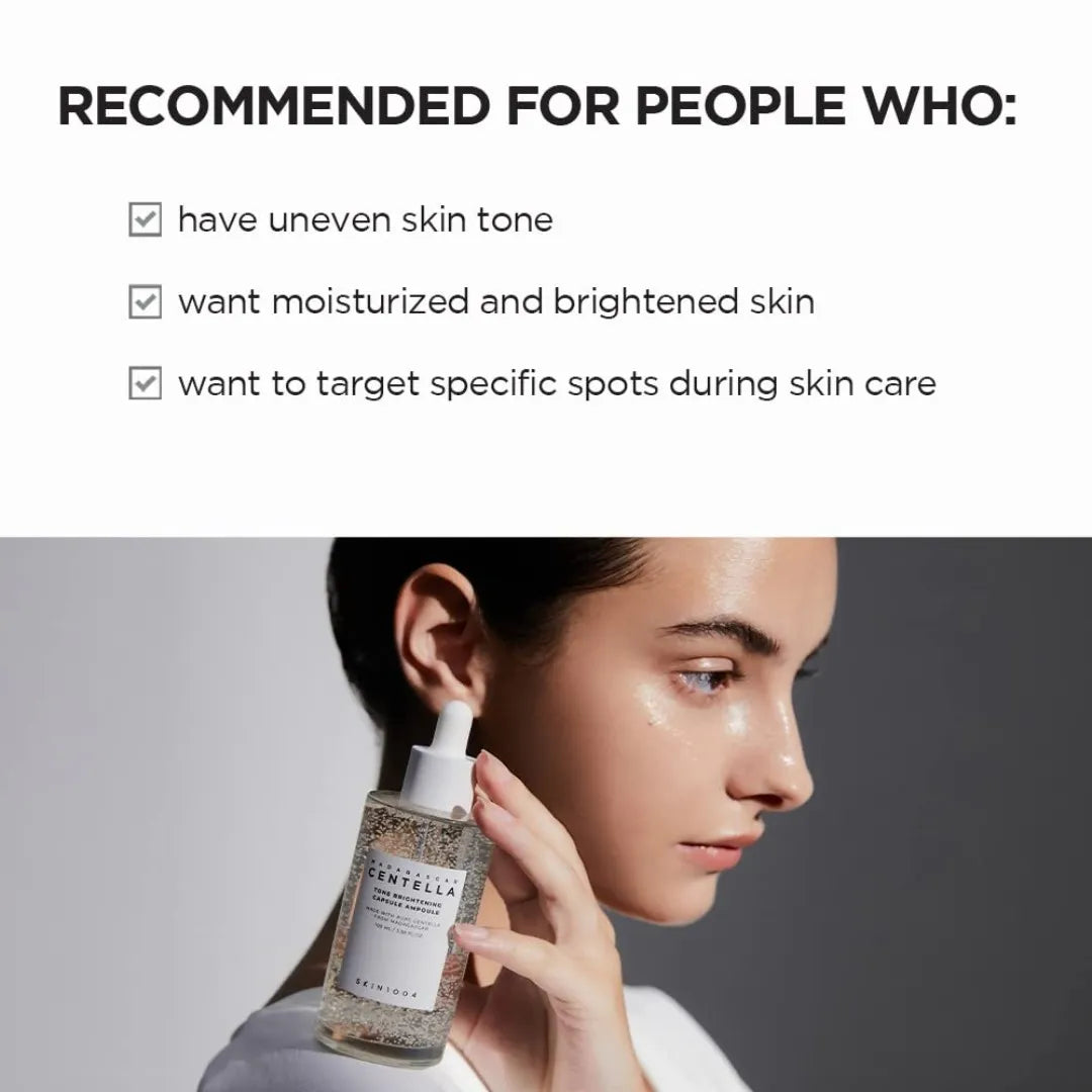 Person holding a skincare product with text about product use on a gray background