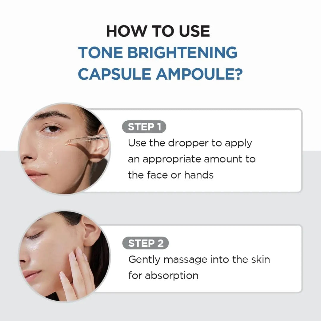 Bottle of tone brightening capsule ampoule with text on a white background