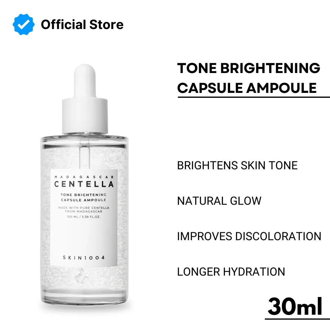 Bottle of tone brightening capsule ampoule with text on a white background