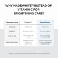 Comparison chart between Vitamin C and MadeWhite for brightening care on a white background.