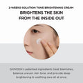 Person applying cream to their face with text about a tone brightening cream.