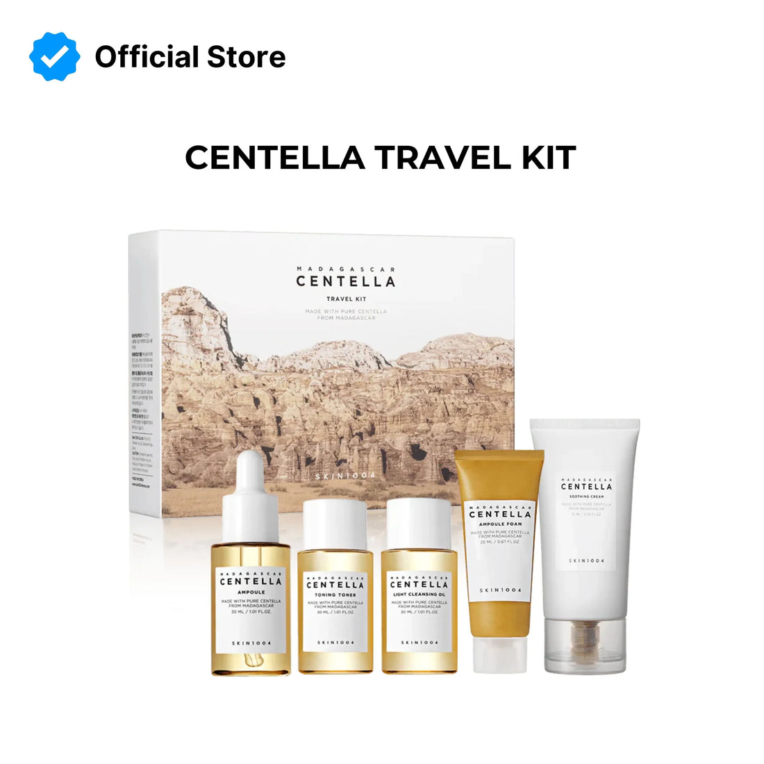Centella travel kit with packaging and multiple products on a white background