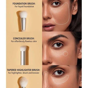 Sheglam Face Essentials Brush Set displayed in a sleek pouch or carrying bag, showcasing three makeup brushes: a flat foundation brush, a pointed concealer brush, and a tapered highlighter brush. The packaging is minimalist and practical for travel or storage