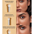 Sheglam Face Essentials Brush Set with Bag, including a foundation brush for liquid products, a concealer brush for smooth application, and a tapered highlighter brush for blush, bronzer, or shimmer. Each brush is designed for flawless makeup blending