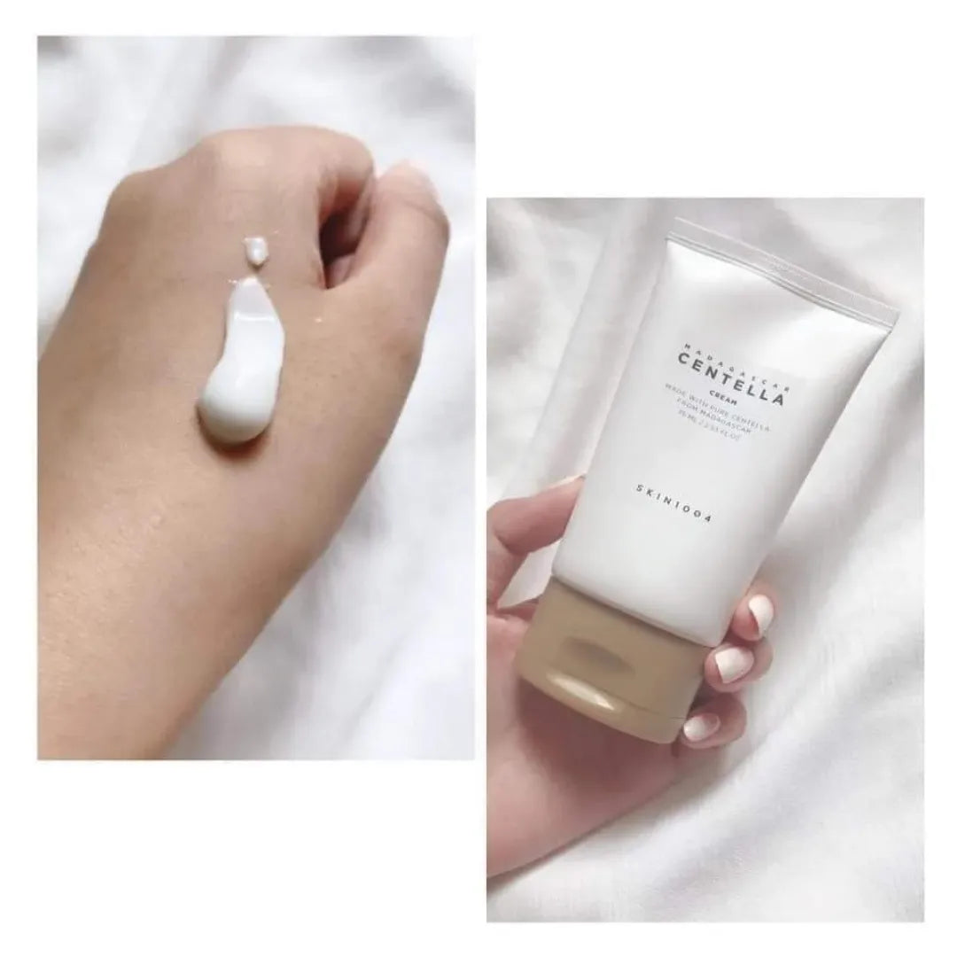 Collage of a hand holding a tube of skincare product with a droplet of cream on a white background