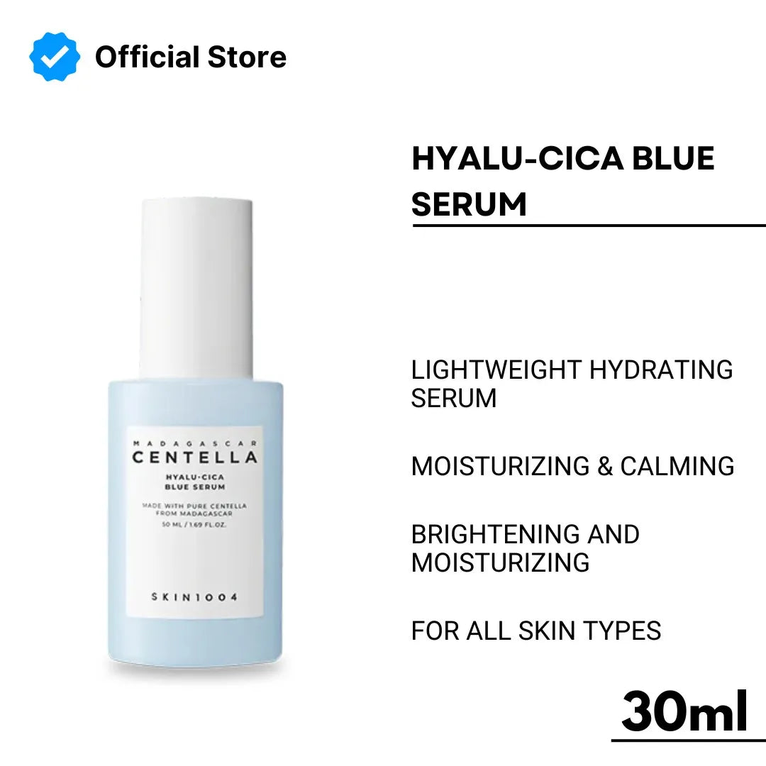 Hyalu-Cica Blue Serum bottle with product details on a white background