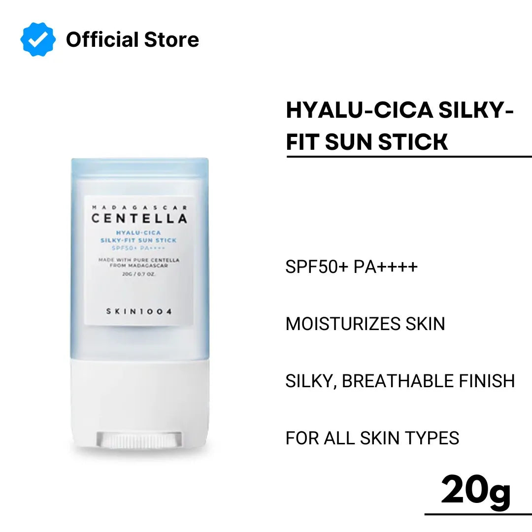 MADAGASCAR CENTELLA Hyalu-Cica Silky-Fit Sun Stick packaging with product details on a white background.