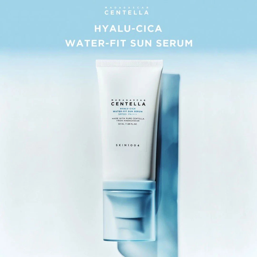 Skintouch Centella Hyalu-Cica Water-Fit Sun Serum on a light blue background