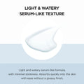 Light and watery serum-like texture with text description on a white background