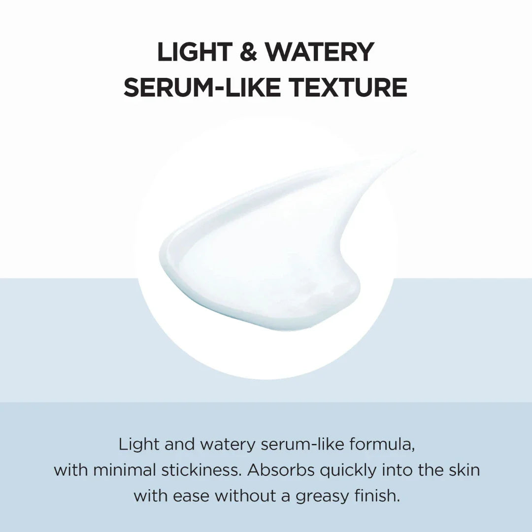 Light and watery serum-like texture with text description on a white background