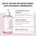 Skincare serum bottle with ingredients listed on a pink background
