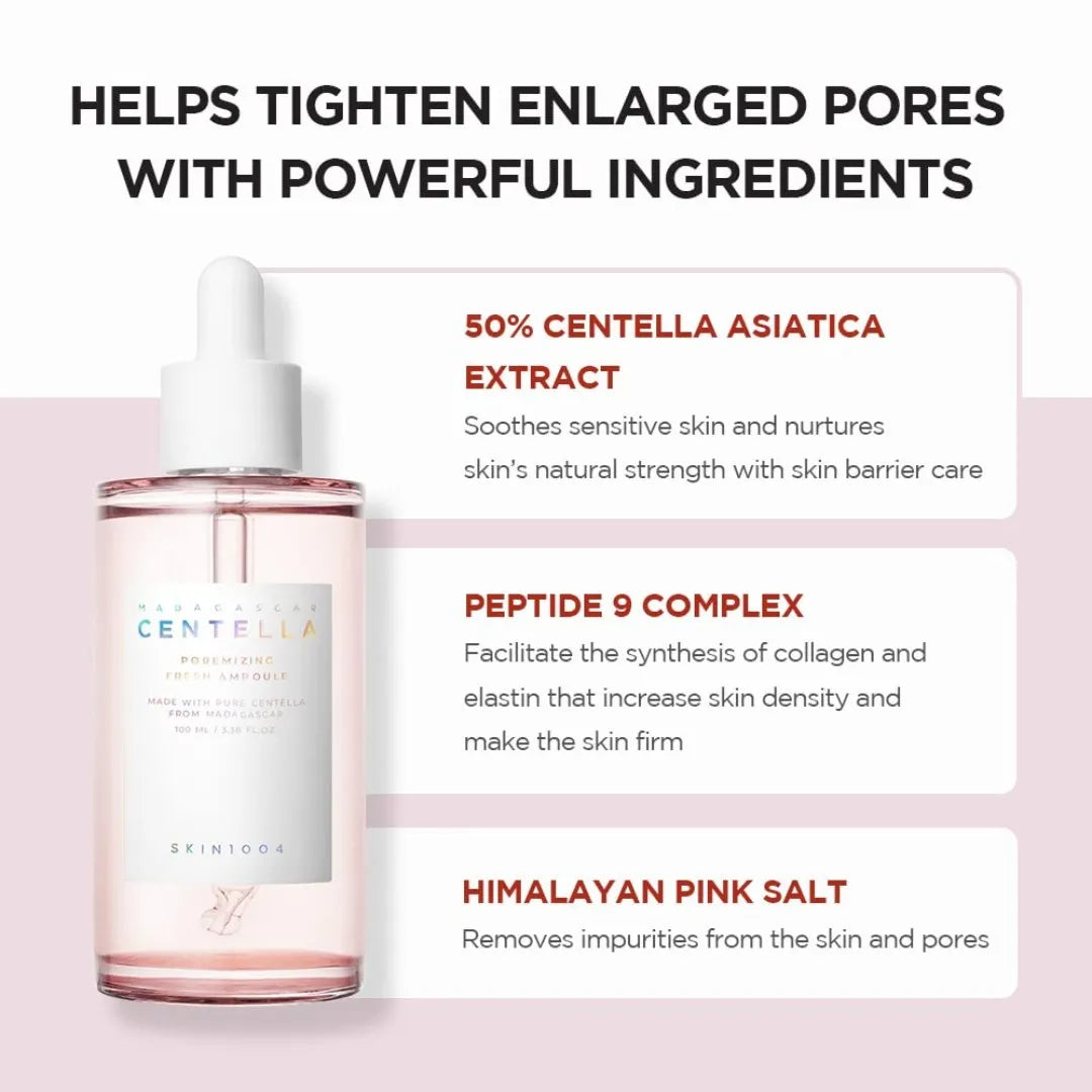 Skincare serum bottle with ingredients listed on a pink background