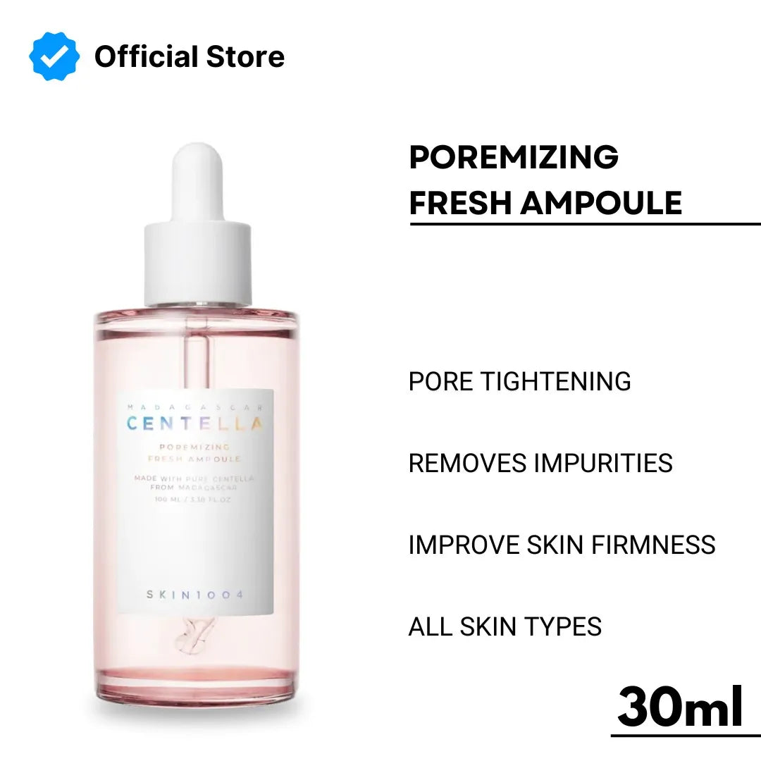 Skintouch Centella Poremizing Fresh Ampoule bottle with product benefits on a white background
