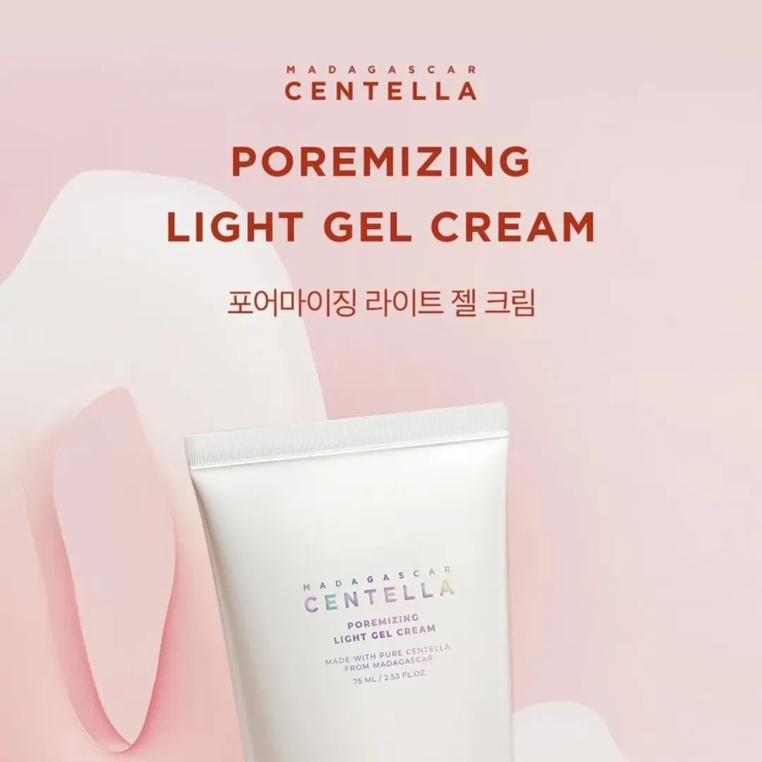 MADAGASCAR CENTELLA poremizing light gel cream packaging on a pink background