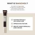 Skincare product with text about Bakuchiol, a vegan retinol alternative, on a beige background.