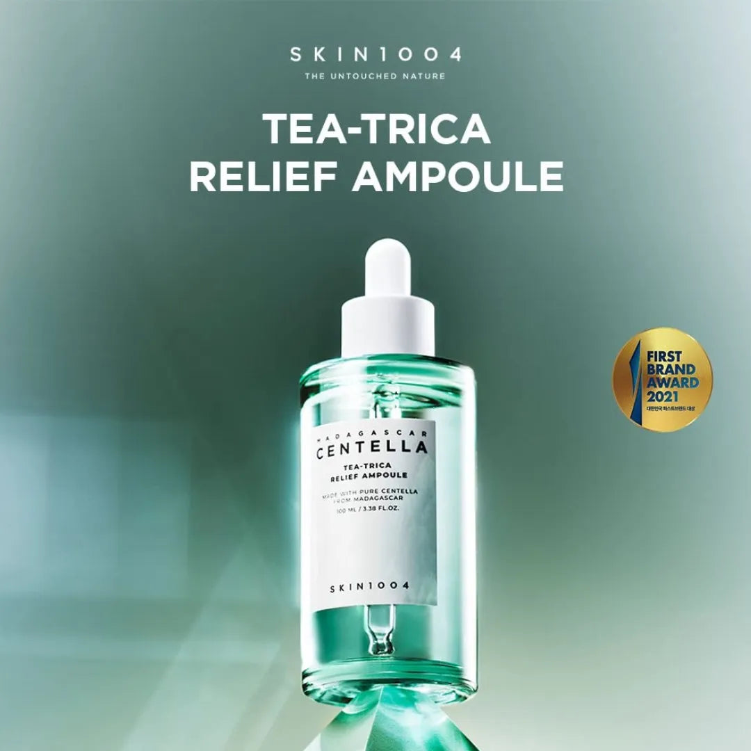 Tea tree relief ampoule bottle with product details on a white background