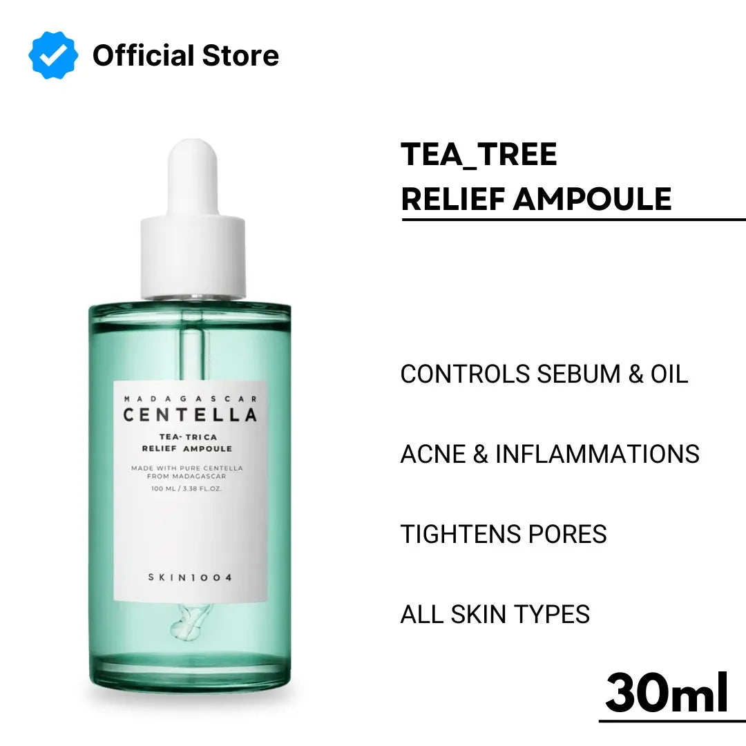 Tea tree relief ampoule bottle with product details on a white background