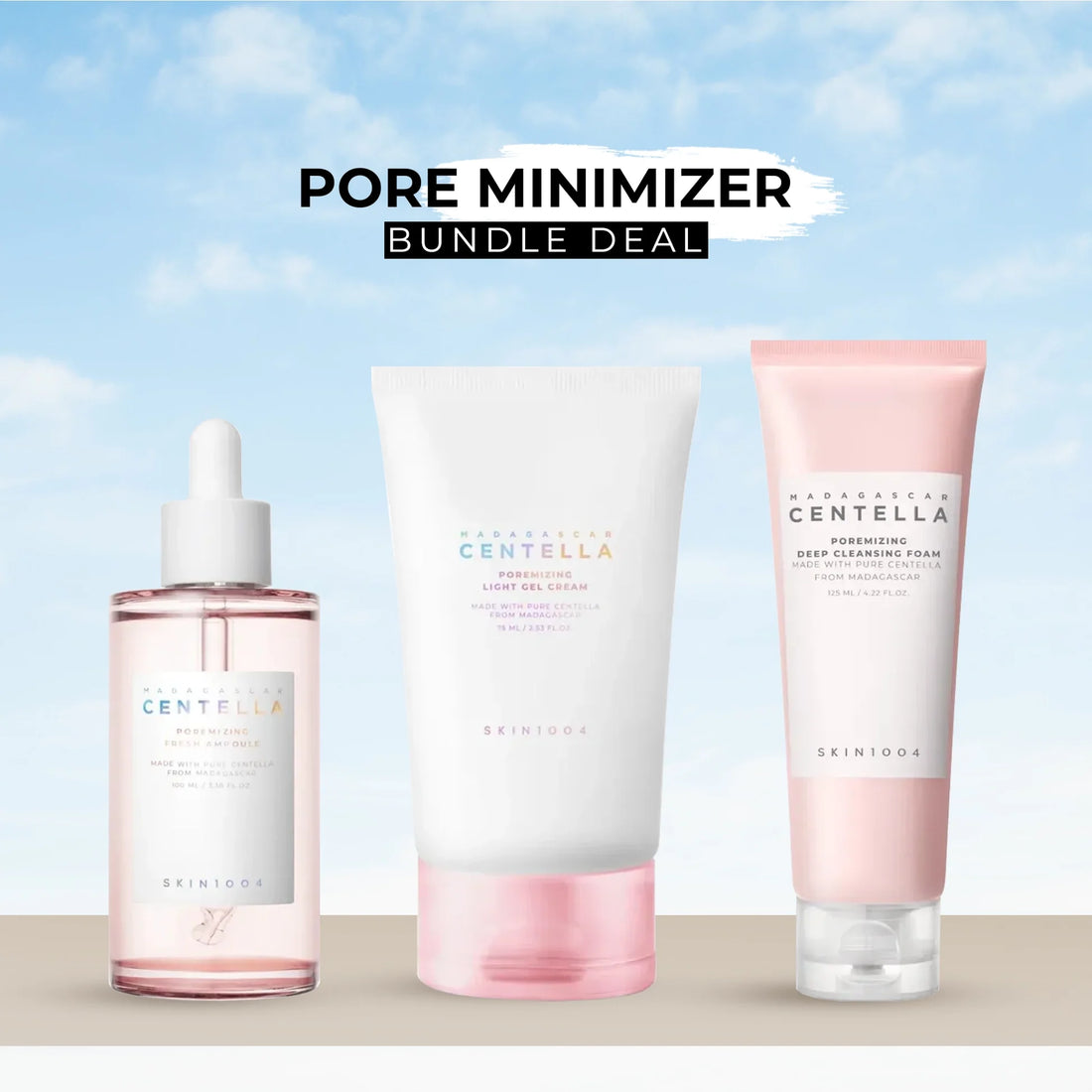 Three skincare products from the Skinceed Centella line on a light blue background with 'Pore Minimizer Bundle Deal' text.