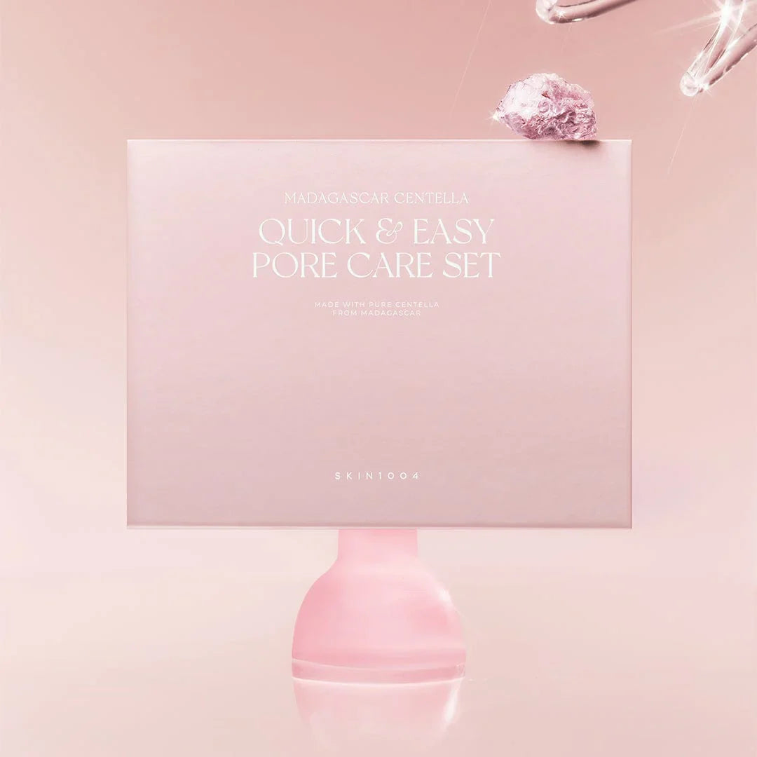 Pink skincare product with packaging labeled 'Quick & Easy Pore Care Set' on a pink background