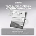 Sheet masks with text highlighting soft ampoule formula and hydrating glow on a gray background