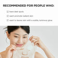 Woman applying a face mask with text indicating product benefits on a light gray background