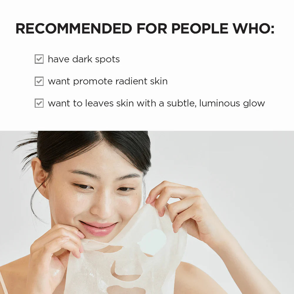 Woman applying a face mask with text indicating product benefits on a light gray background