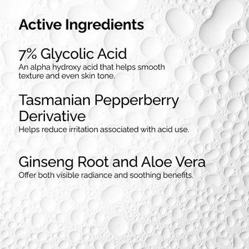 Close-up comparison of skin before and after using Glycolic Acid 7% Toning Solution, showing reduced texture, improved tone, and visible glow.