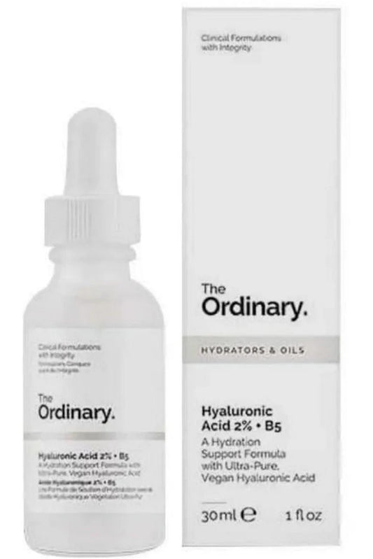 Close-up of The Ordinary Hyaluronic Acid 2% + B5 serum bottle on a white background

