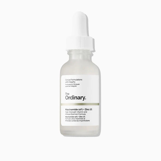 Clear 30ml bottle of Niacinamide 10% + Zinc 1% serum with dropper, designed to reduce blemishes and control oil.