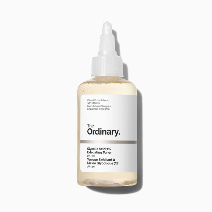 240ml bottle of The Ordinary Glycolic Acid 7% Toning Solution with clear label and minimal design, ideal for exfoliation and radiance.