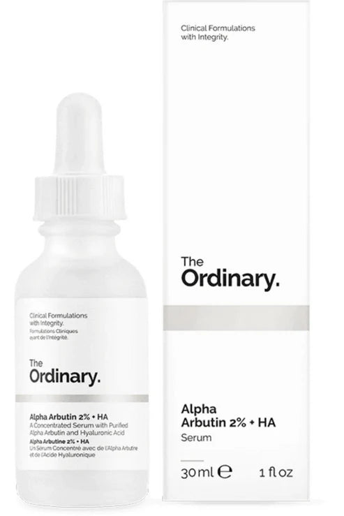 The Ordinary Alpha Arbutin 2% + HA bottle with dropper on a minimal white background

